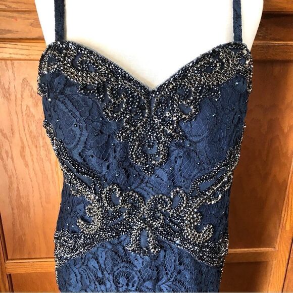 Vintage RINA Di MONTELLA Navy Blue Beaded Gala Wedding Maxi Dress Gown - 16 - Picture 5 of 16